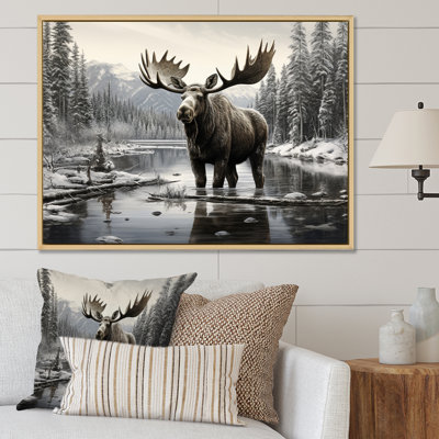 Orignal brun et blanc Winter Majesty - art mural orignal pour le salon