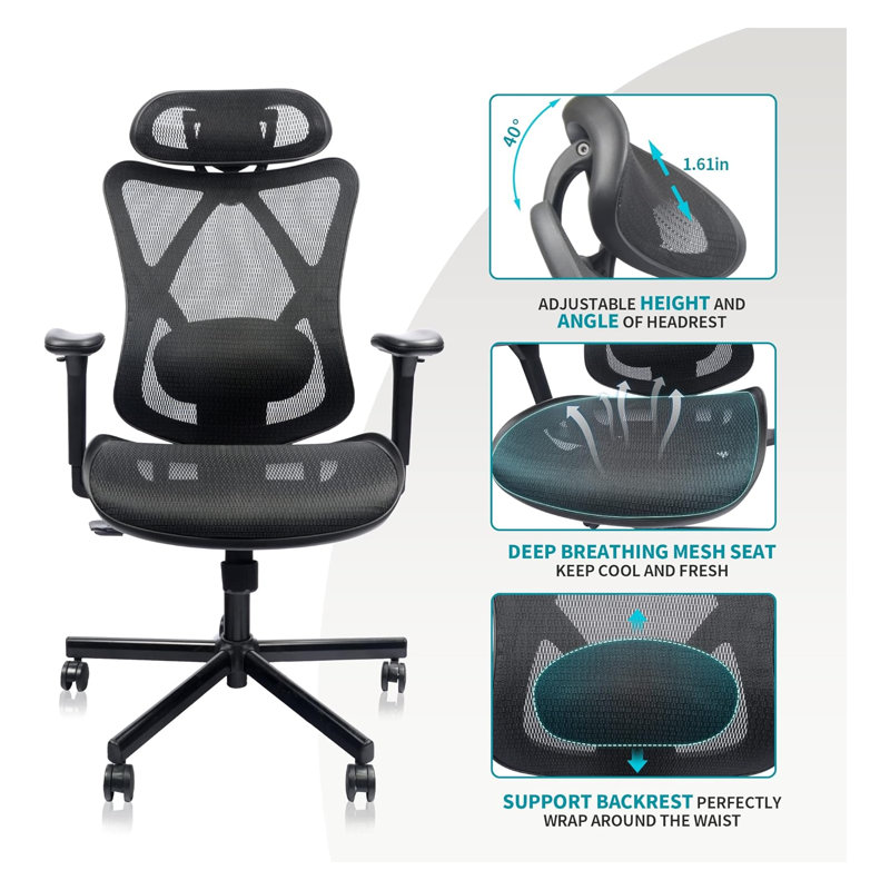 Ergonomic Mesh Office Chair with Adjustable Lumbar Support, Headrest & Armrest - High Back Executive Desk Chair with Mute Wheels for Home Office, 280lbs Capacity