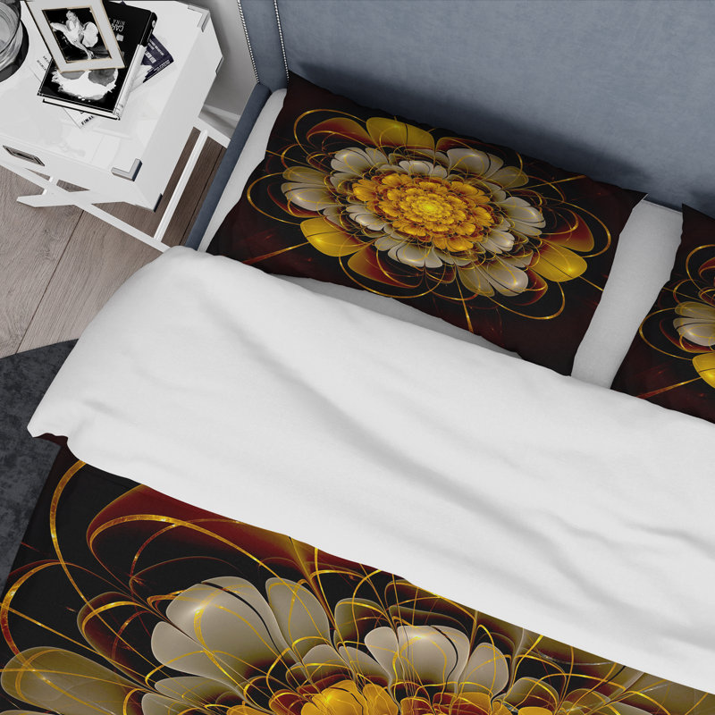 Fleur jaune fractale - ensemble de housse de couette moderne - polyester microfibre