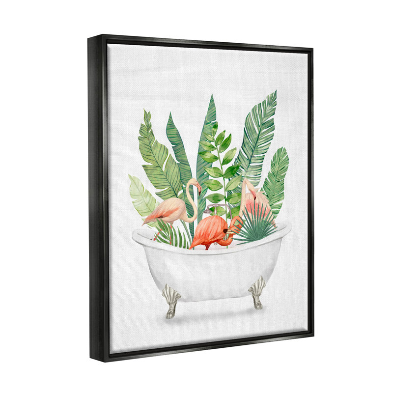 "Tropical Flameoes Bathaign Plants", art mural sur toile flottante noire par Ziwei Li, H 31 po x l 25 po x P 1,7 po