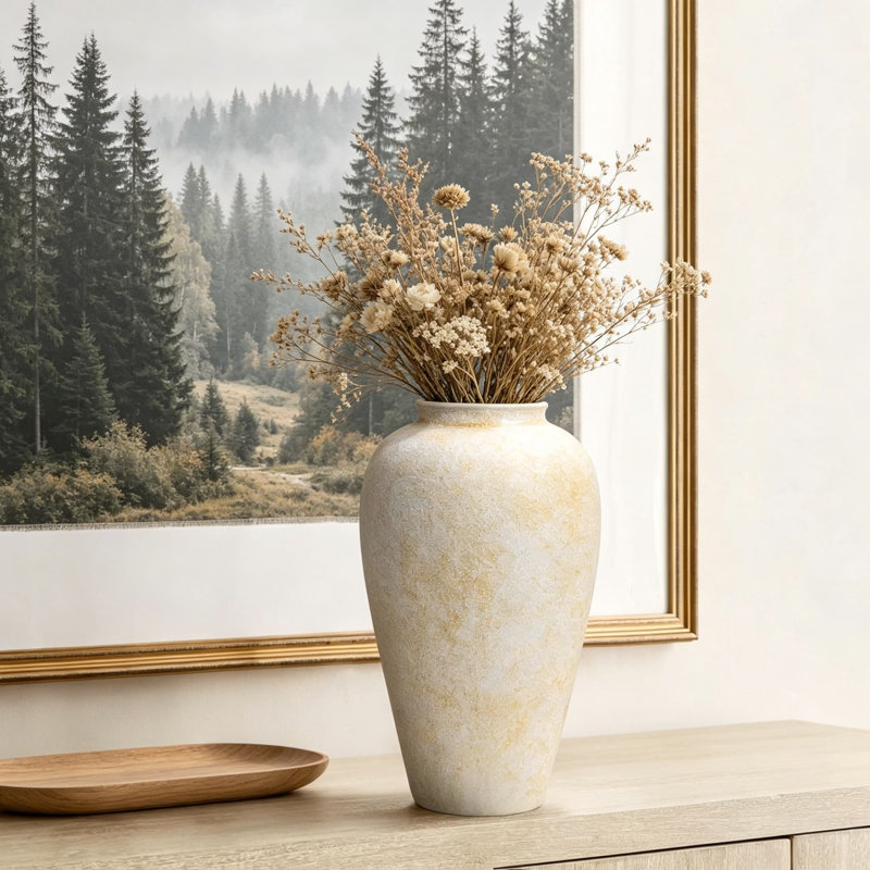 Grand vase en céramique de style campagnard pour la maison - Vase de table rustique fait à la main avec intérieur imperméable pour fleurs fraîches et arrangements séchés