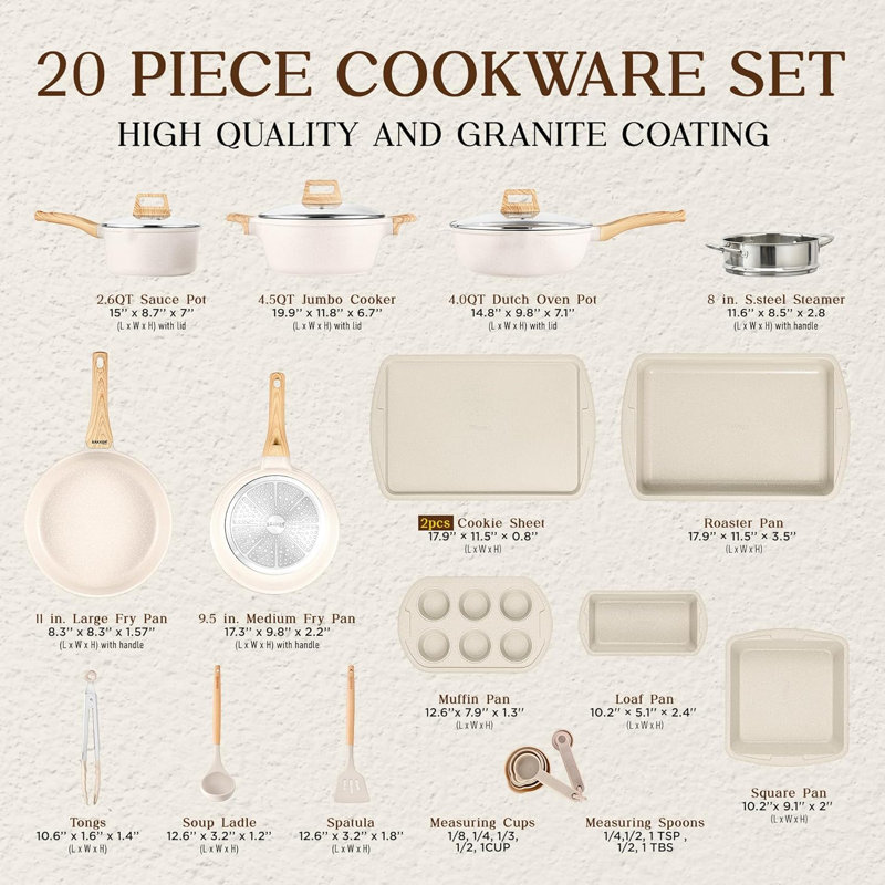 Bakken-Swiss 20-Piece White Granite Non-Stick Cookware Set
