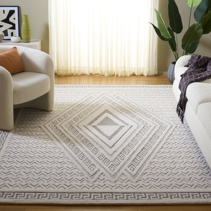 Mykonos 502 Hand Tufted Wool/Cotton Geometric Rug in Ivory/Gray, Rectangle 8' x 10'