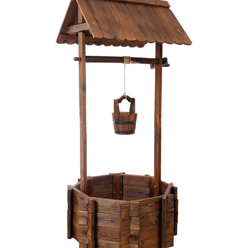 Rustic Wooden Patio Wishing Well Planter With Hanging Bucket And Shade Captivation, 25X25x53 Force,