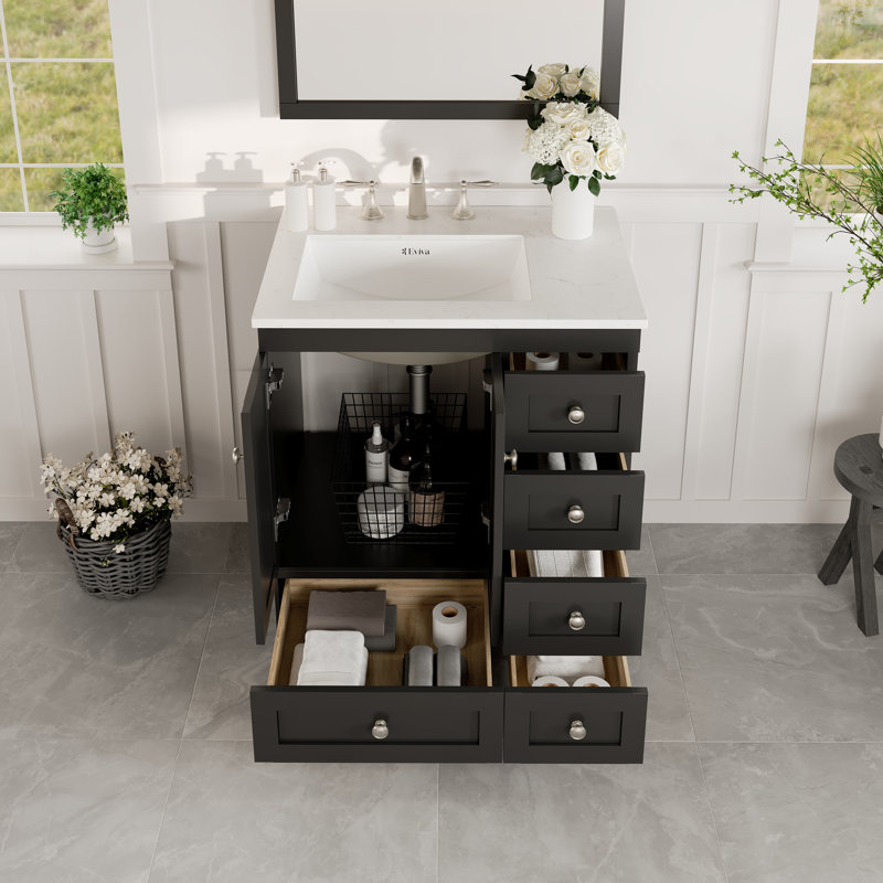 Meuble-lavabo en porcelaine l 28 po x P 22 po Yena, Quartz - blanc de Carrare, Espresso