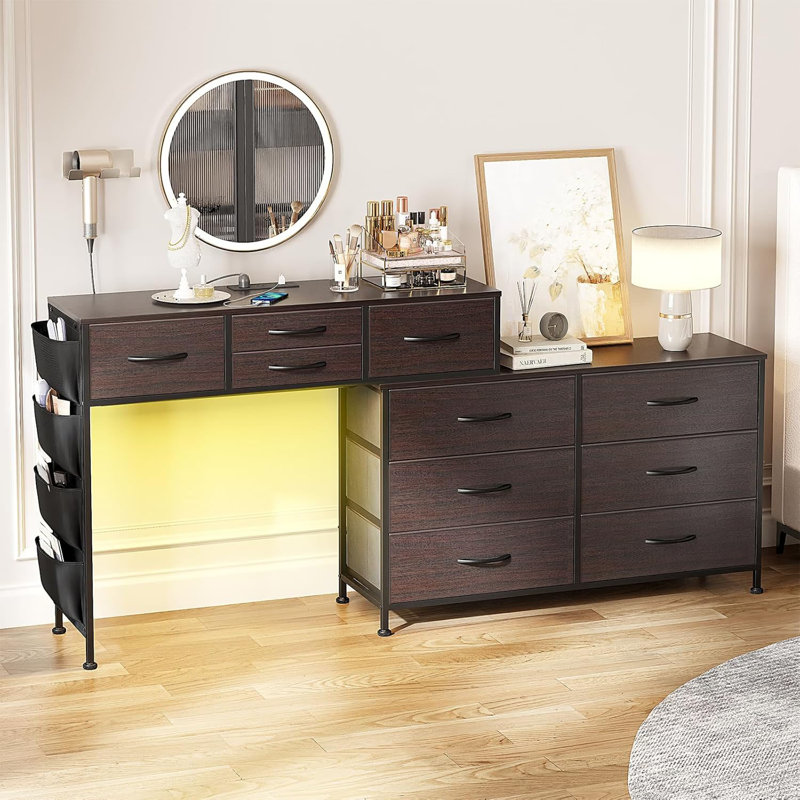 Dresser For Bedroom With Charging Station And LED Light, 67" Rotatable Vanity Desk With LED Light And Side Pockets, Makeup Table With 10 Fabric Drawers, Modern Home Office Desks