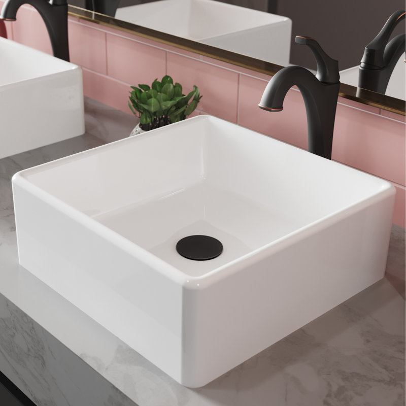 KRAUS Elavo Square White Porcelain Ceramic Bathroom Vessel Sink and Faucet Combo with Pop-Up Drain, Oil Rubbed Bronze