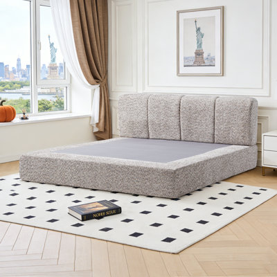 Queen Size Noise-Free Mattress Foundation Boucle Upholstered Platform Bed Frame with Headboard,Pocket Coil & Foam Support,No Assembly Required(Light Brown)