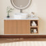 Meuble-lavabo simple 36 po avec plateau en pierre frittée blanche et tablettes ouvertes, meuble-lavabo en bois avec lavabo irrégulier blanc