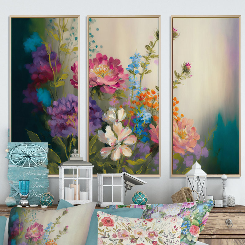 «Painted Blossoming Wildflowers III», 3 impressions sur toile tendue, Naturel, H 32 po x l 48 po x P 1 po