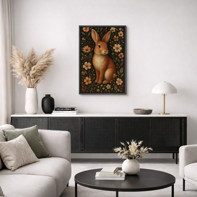 Vintage Floral Rabbit Portrait Artwork, Living Room Pictures, Framed Canvas Giclee Print Wall Art