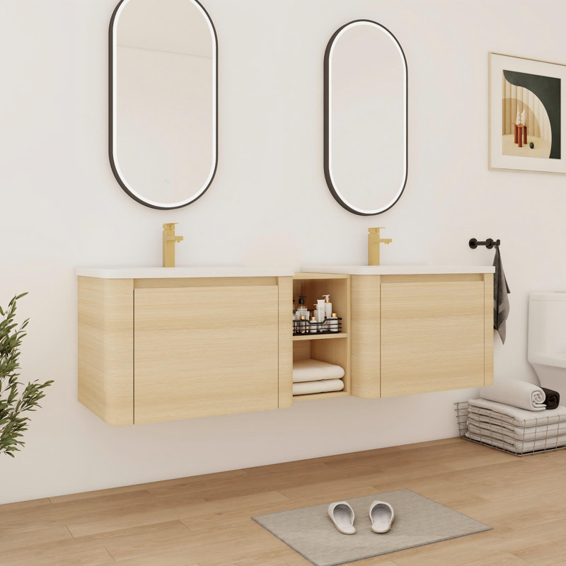 Meuble-lavabo double avec comptoir en céramique, 68", Beige