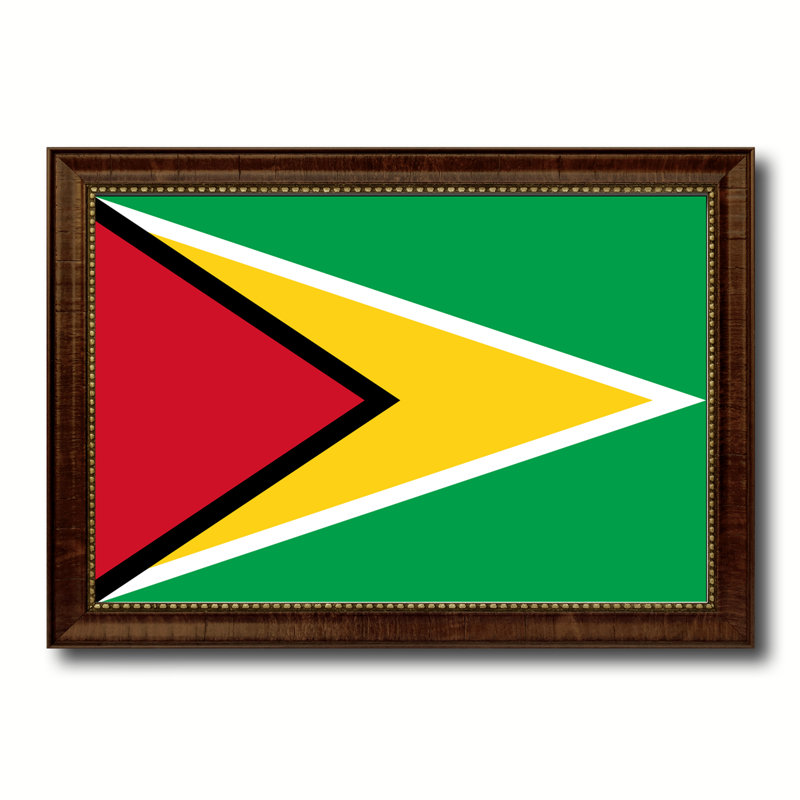 Drapeau du guyana sur toile, H 15 po x l 21 po x P 1 po, Encadrement brun