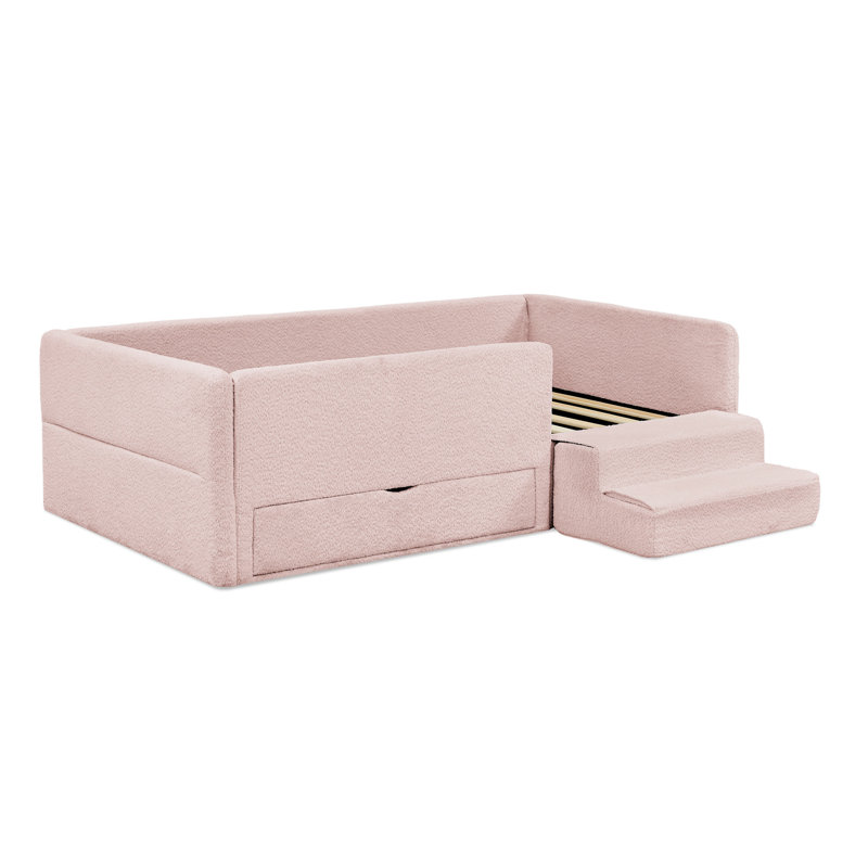 Twin Size Safe Cozy Multi-Functional Kids Bed with Guardrails and Storage, Bed with Safety Step Stool, Boucle Fabric (80.5''x44.5''x23'')