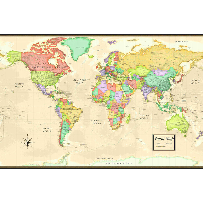 Classic World Map - Wrapped Canvas Print, 8" H x 12" W, Yes, White Framed Print