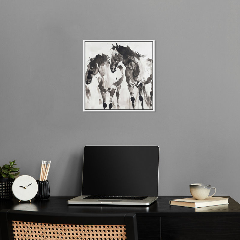 «Horses In Inkwash Masculine Abstract Man Cave» par Notoriart, H 17 po x l 17 po, Cadre blanc