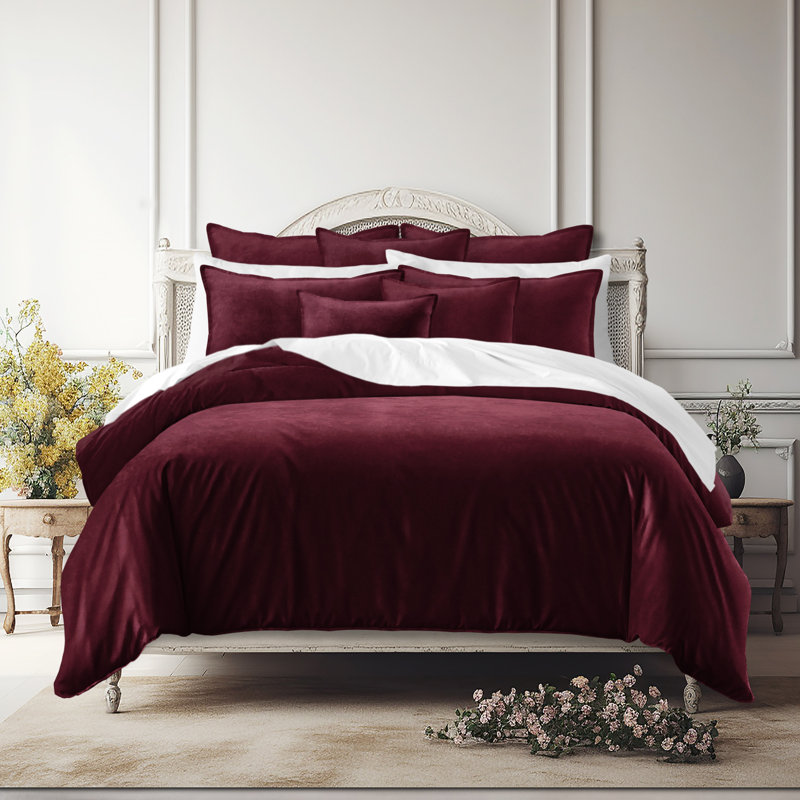 Cascade Velvet Solid Colour  Comforter Set 8 Piece, Red, California King Comforter + 7 Additional Pieces