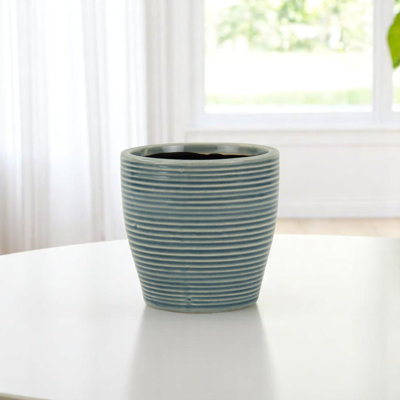 Pot à fleurs rond rayé bleu en céramique 22 onces