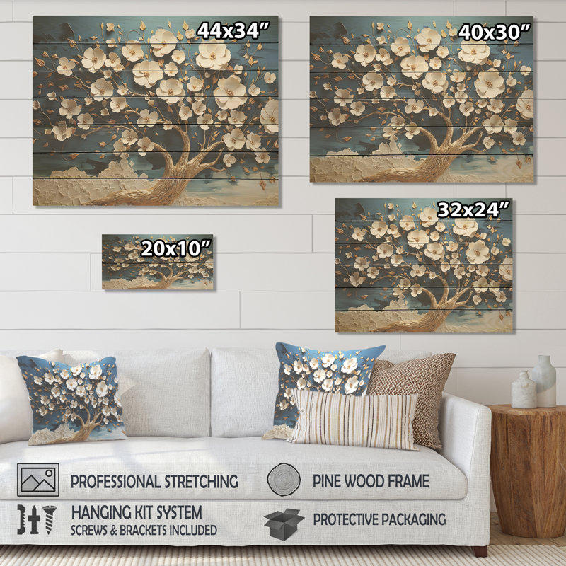 Orchidée bleue et blanche Golden Of Branches II - arbre sur bois, H 34 po x l 44 po x P 0,78 po