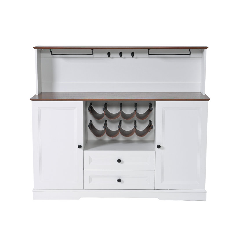 55.3" Wine Coffee Bar Cabinets With Leather Wine Rack Design And Led Lights