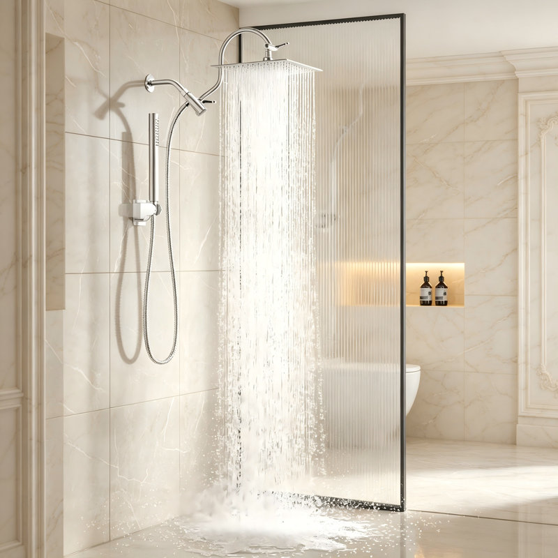 All Metal Dual Shower Heads Combo With Curved Extension Arm, Chrome