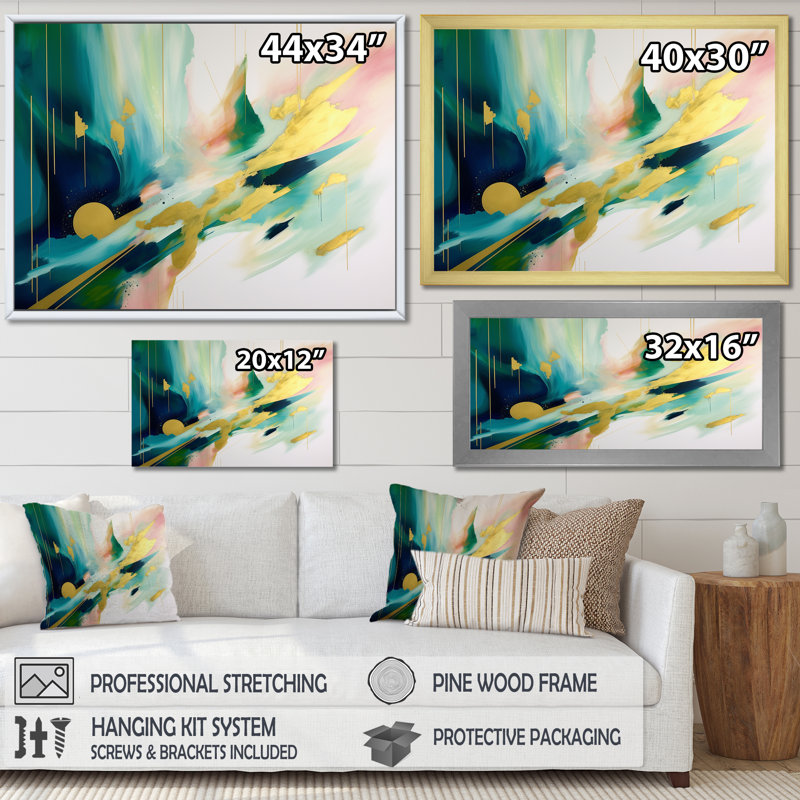 Motif géométrique vert et or IV - formes abstraites, impressions sur toile_105668, H 30 po x l 40 po x P 1,5 po, Toile tendue