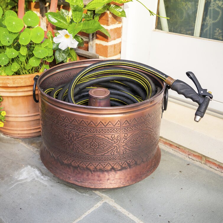 CobraCo 18'' Terracotta Copper Metal Hose Pot with Embossed Bird