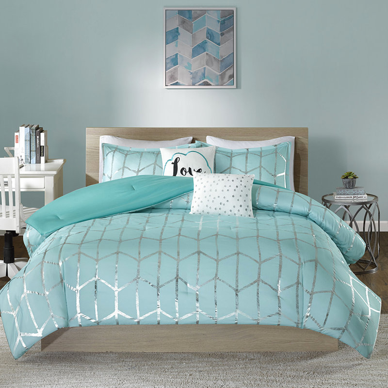 Édredon double / grand avec base et fond embellissements métalliques argentés, Aqua / argenté