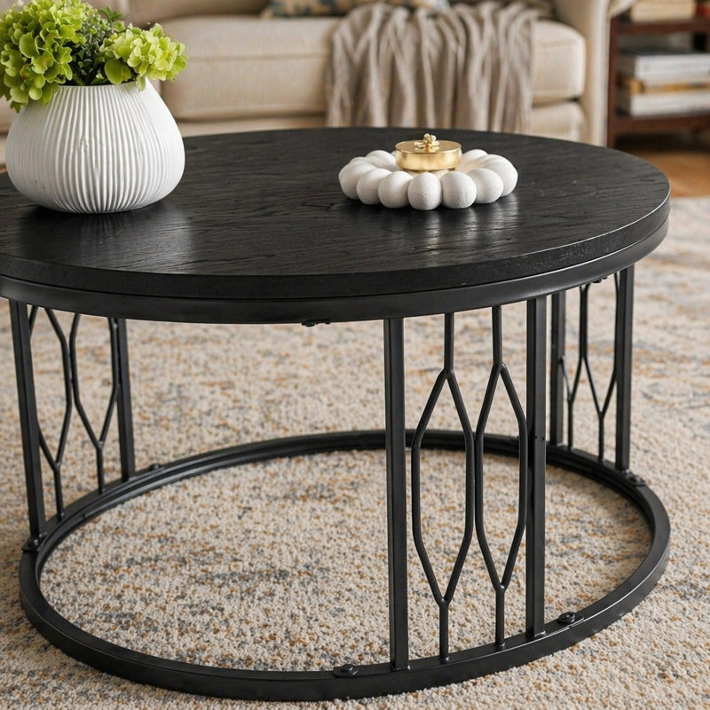 Walnut-Colored Round MDF Coffee Table, 27.5-Inch Diameter. A Round Coffee Table For The Living Room Featuring A Rustic Industrial Design, With Sturdy Metal Frame Legs And Easy Assembly.