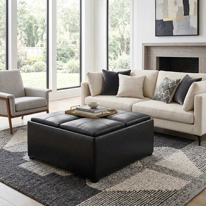 Avalon 35"W Upholstered Vegan Leather Modern Square Coffee Table Storage Ottoman with 4 Flip-Over Trays, Black