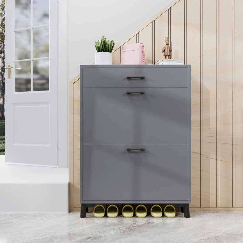 Versatile Shoe Storage Cabinet With Hidden Compartments And Stylish Design, Gray/Black