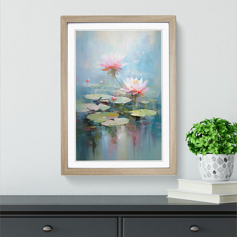 Lotus Flower Impressionism No.3 - Single Picture Frame Print on Wood, Oak Framed, 34cm H x 25cm W x 2cm D
