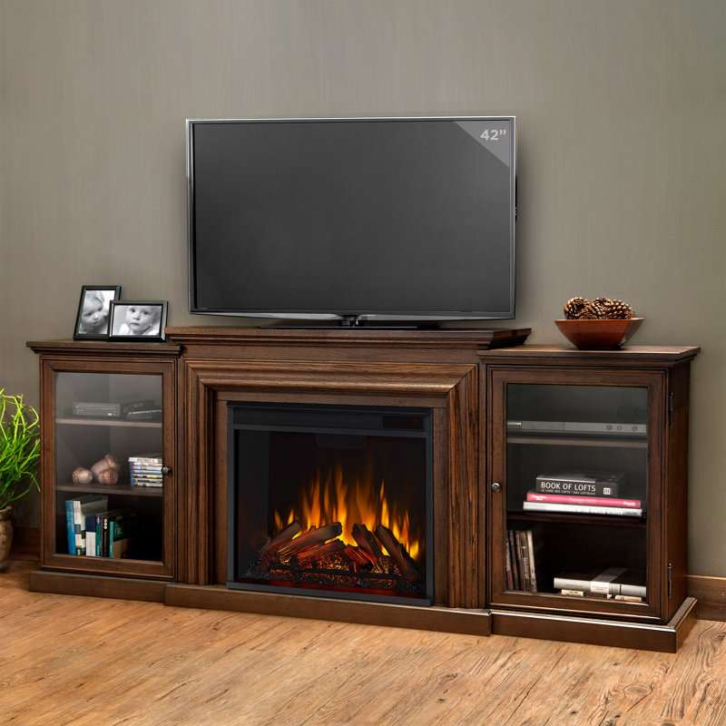 Chestnut Oak 72" TV Stand with Electric Fireplace and Glass Cabinets