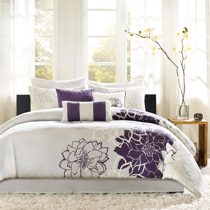 Édredon taupe gris / mauve pour grand lit - tissage croisé 180Tc, coussins décoratifs en coton 200Tc, rembourrage, Mauve