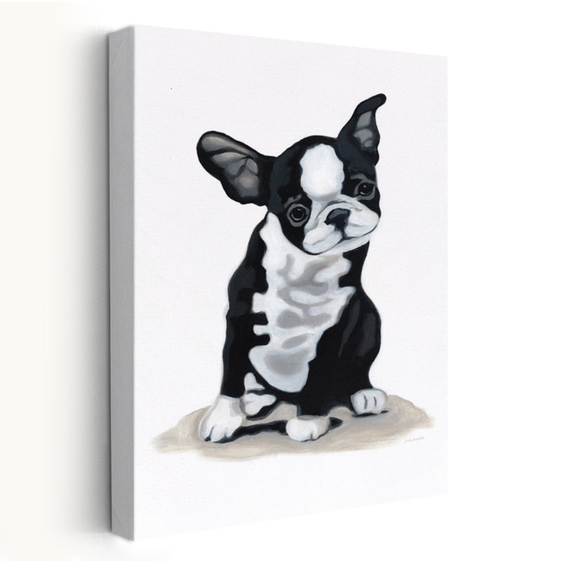 Chiot roule, animal contemporain, chien blanc et noir, bouledogue français, H 24 po x l 16 po