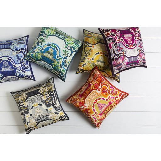 Geisha Floral Silk Pillow Cover, Bright Blue, 20" H x 20" W x 1" D