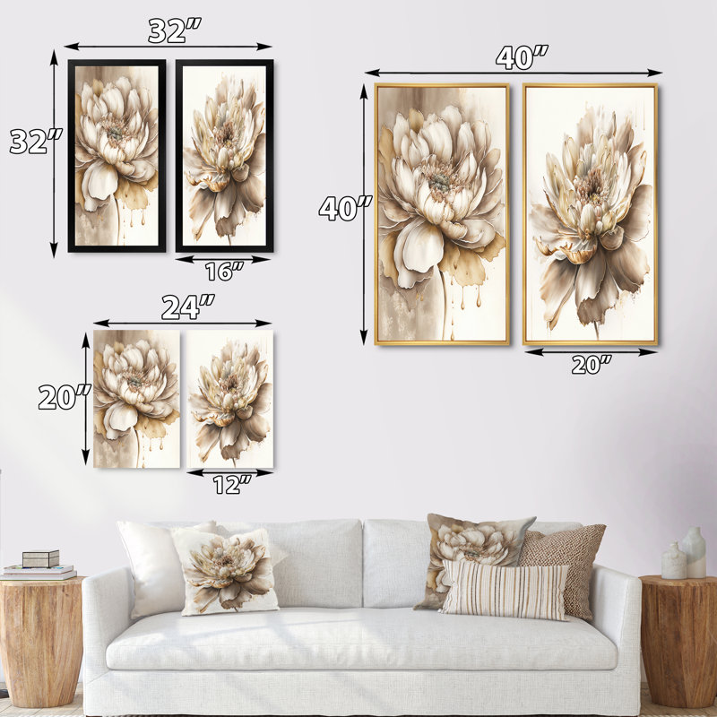«Indigold Beige Flower II», 2 pièces sur toile, Cadre blanc, H 20 po x l 24 po