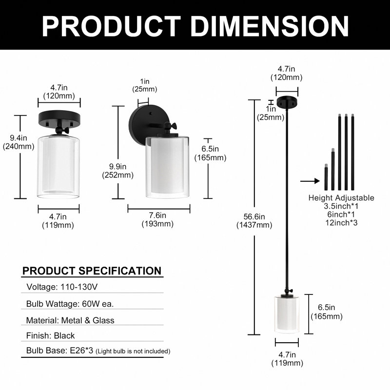 Bauman 1-Light Wall Sconce Flush Mounted Pendant Lighting(3-Pack)
