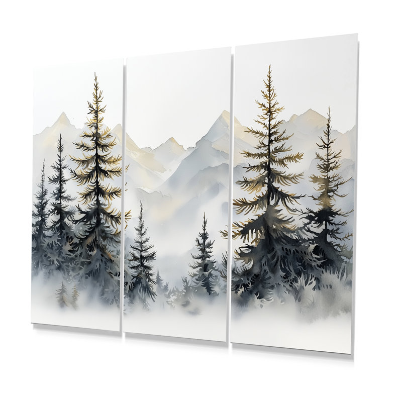 Green Pine Tree Misty Mountain - ensemble de reproductions d'art mural pin, H 28 po x l 36 po x P 1 po, Métal métal