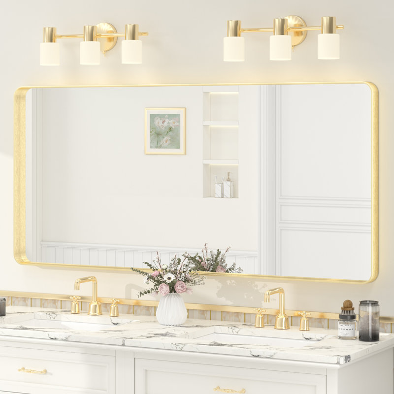 Molly Tempered Glass and Metal Framed French Cleat Mounted Wall Bathroom / Vanity Mirror, 60" x 28", Gold