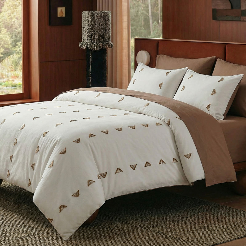 Housse de couette 100% coton touffeté de très grande taille, ensemble de literie brodé Boho avec taies d'oreiller, housse d'édredon en coton naturel respirant doux 3 pièces, design brun neutre minimaliste