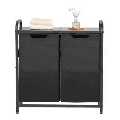 2-Section Laundry Sorter with Wooden Top, Metal Frame Hamper with Pull-Out Oxford Cloth Bags and Exterior Pocket for Bathroom or Utility Room
