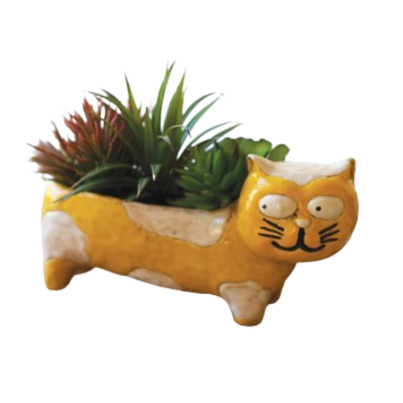 Yellow and White Ceramic Cat Planter for Succulents