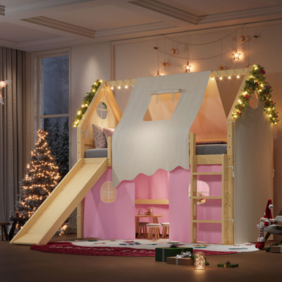 Twin Size House Loft Bed with Slide, Ladders & Tents, Solid Wood Playhouse Loft Bed with Lights, Guardrails & No Box Spring Needed, Pink