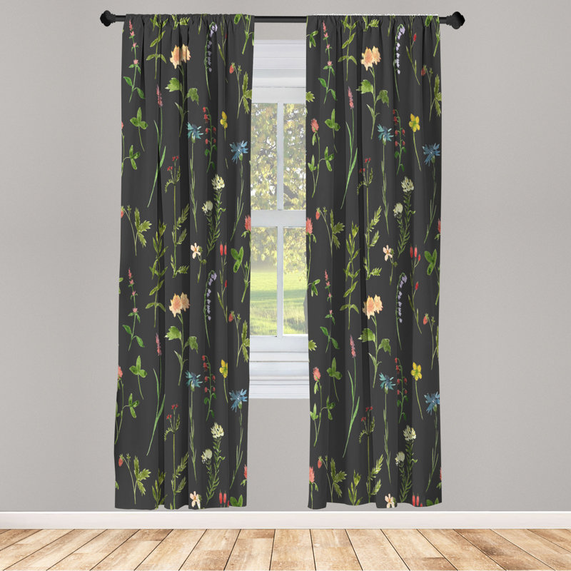 Microfiber Floral Semi-Sheer Rod Pocket Curtain Panels, 28" W x 84" L, Moss Green/Yellow