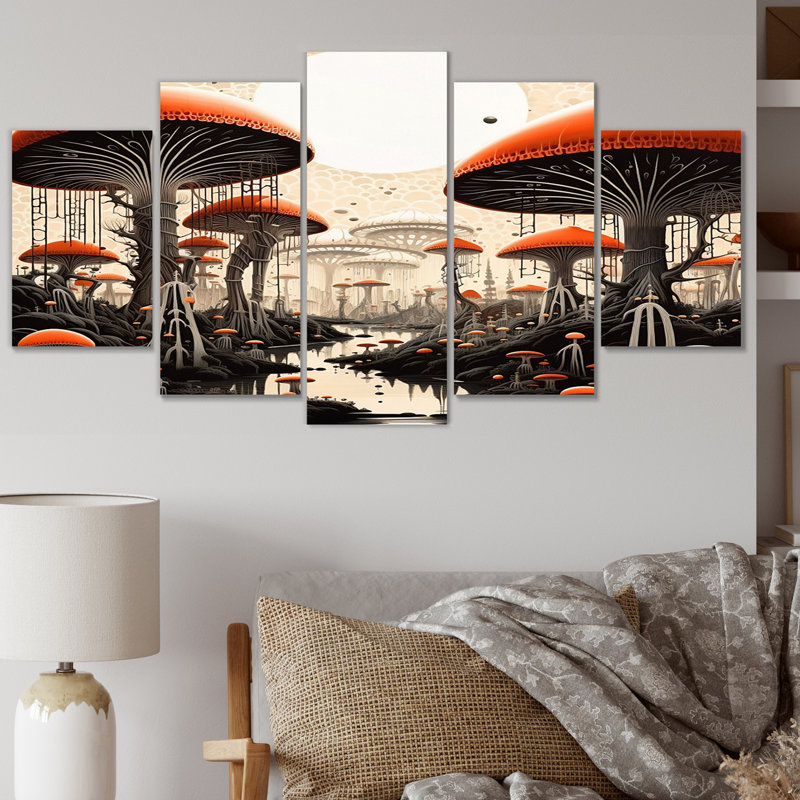 «Enchanted Magic Mushroom Forest Retro Art I», reproduction d'art sur toile champignon - 5 panneaux