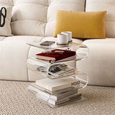 S-Shaped Acrylic Side Table – Modern Cream Wind Transparent Living Room Magazine Rack & Bedside Cabinet, Minimalist Luxury Design for Small Spaces