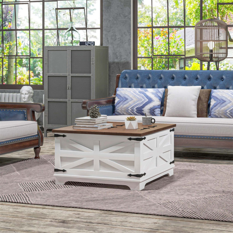 Table basse Farmhouse avec plateau rabattable et rangement caché, table centrale carrée pour le salon, Rouge