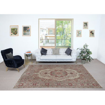 Vintage Handmade Turkish Wool Area Rug in Beige Color