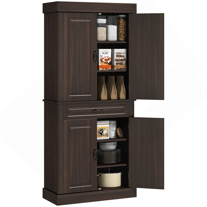 Freestanding Kitchen Pantry, 4 Doors, 2 Large Cabinets, Wide Drawer, Coffee